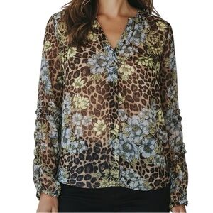 NWT WHITE HOUSE BLACK MARKET Floral Leopard Long Sleeve Sheer Blouse Size XL